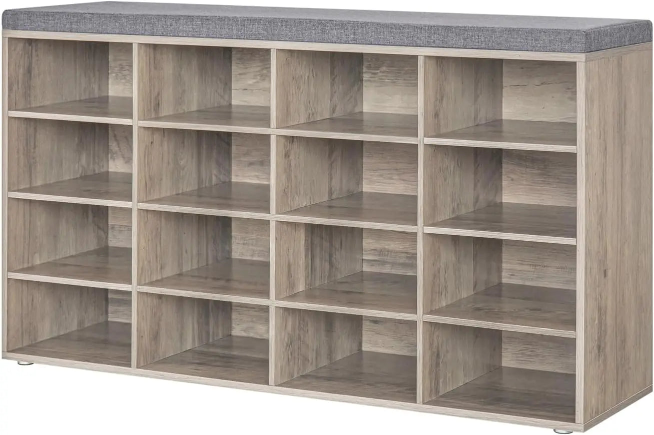 Shoe Storage Bench with Cushion, Cubby Shoe Rack with 12 Cubbies, Adjustable Shelves, Multifunctional Shoe Organizer Bench - Home Fusion