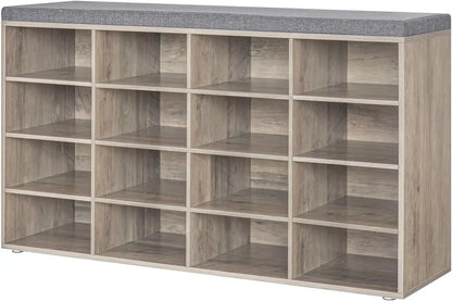 Shoe Storage Bench with Cushion, Cubby Shoe Rack with 12 Cubbies, Adjustable Shelves, Multifunctional Shoe Organizer Bench - Home Fusion