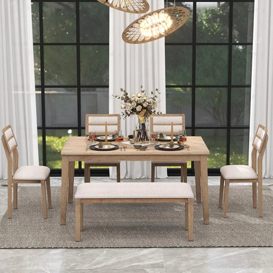 6 Pieces Dining Table Set with Bench, Rectangle Dining Table with 4 Upholstered Chairs & a Bench, Kitchen Table Chairs Set for 6 Home Fusion