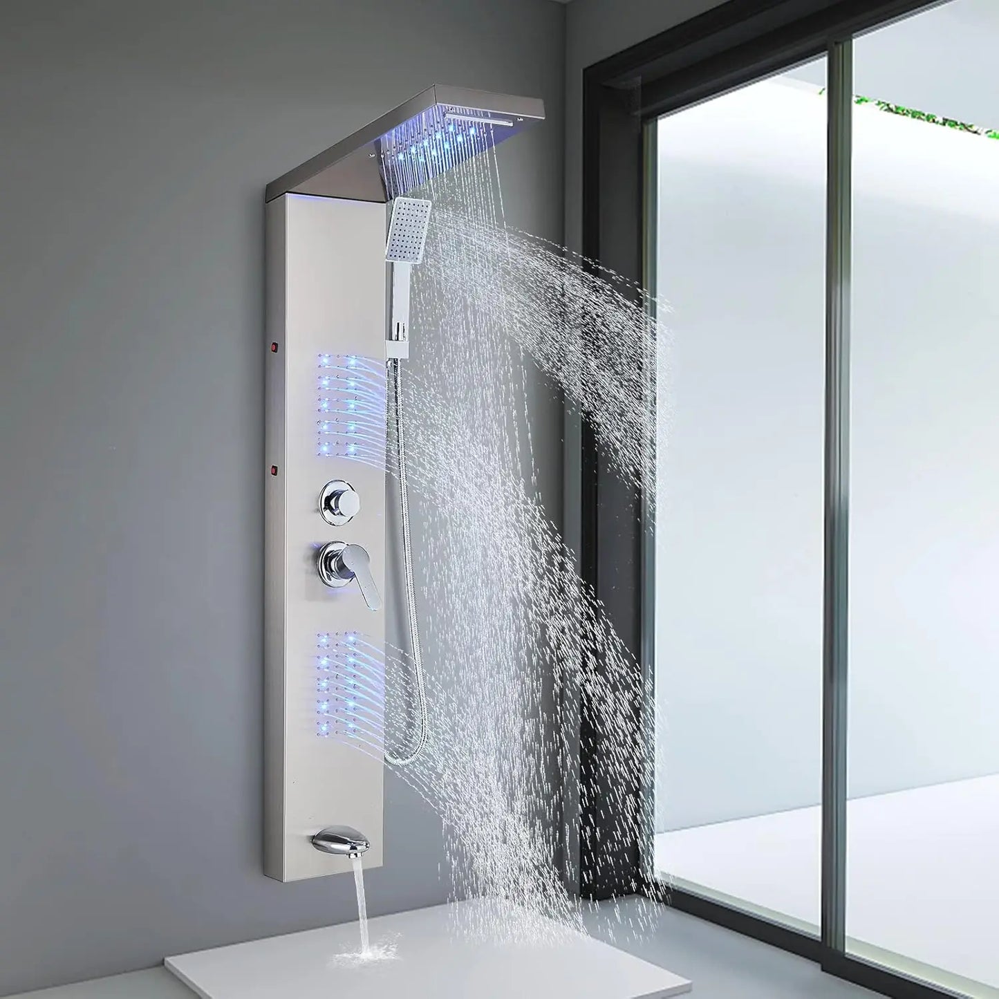 Shower Panel Tower System,LED Rainfall Waterfall Shower Head LED Large Area Massage Jets Tub Spout,Stainless Steel Bathroom - Home Fusion