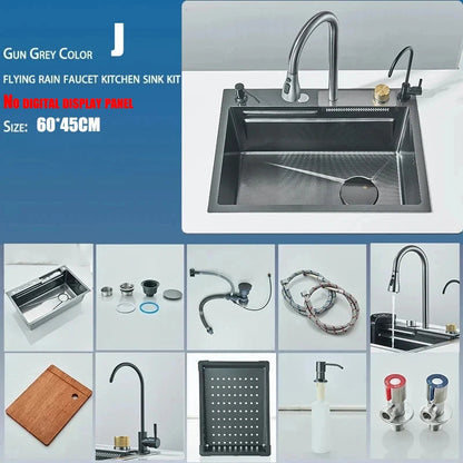 304 5 Water Discharge Modes Stainless Steel Waterfall Kitchen Sink Large Single Slot Integrated Digital Display Faucet Set Home Fusion