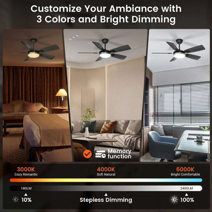 Modern Minimalist 5-Blade Ceiling Fan Light 42 /52 Black/White/Wood Grain Dimmable with Doodle App Ceiling Fan Light - Home Fusion