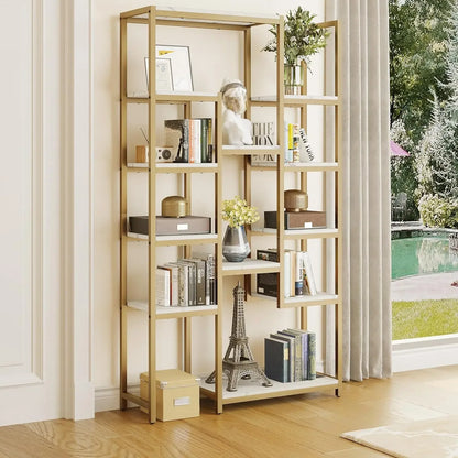 Home Decorations 6 Tier Gold Bookshelf Home Decor Items 71” Tall Modern Free Standing Bookshelf With 12 Shelf Bookcase Room Wall - Home Fusion