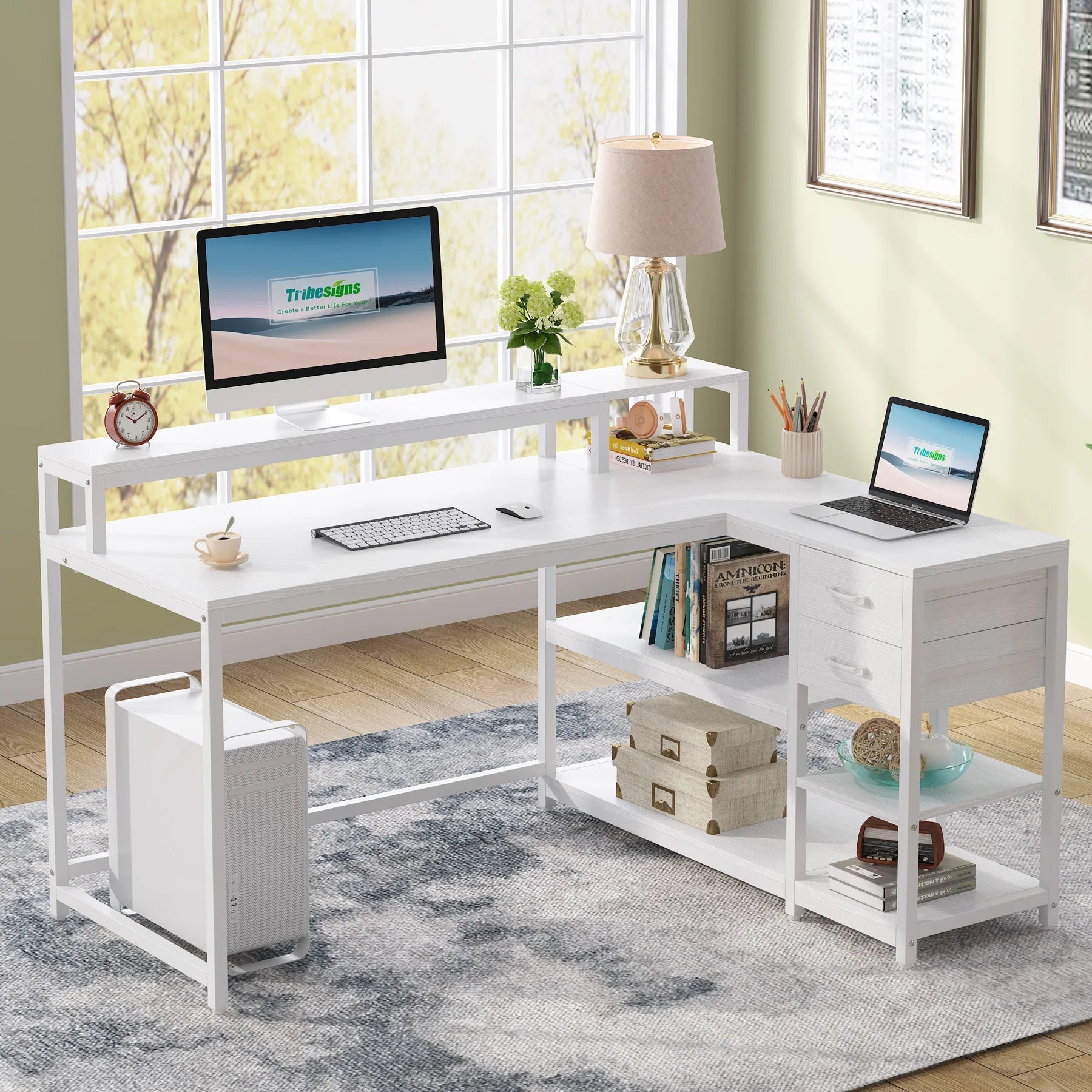 Tribesigns Reversible L Shaped Desk with Drawer, Industrial Corner Desk Home Office Table with Shelves and Monitor Stand - Home Fusion