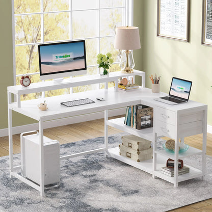 Tribesigns Reversible L Shaped Desk with Drawer, Industrial Corner Desk Home Office Table with Shelves and Monitor Stand - Home Fusion