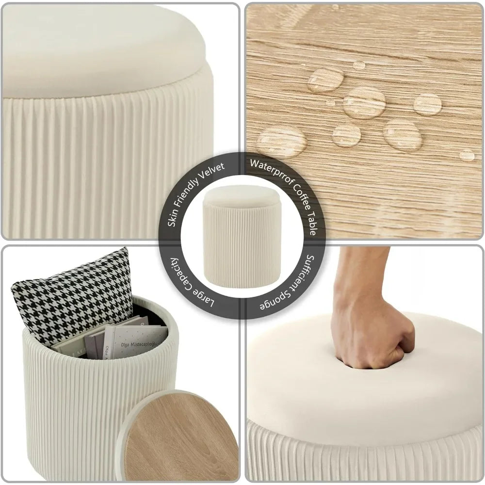 Round Ottoman with Storage Set of 2 Upholstered Velvet Vanity Stool Lines 300lbs Ottomans Multifunctional Beige - Home Fusion