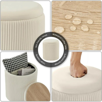 Round Ottoman with Storage Set of 2 Upholstered Velvet Vanity Stool Lines 300lbs Ottomans Multifunctional Beige - Home Fusion