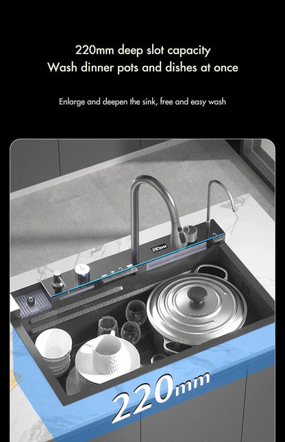 304 Stainless Steel Waterfall Kitchen Sink Large Single Slot Integrated Digital Display Faucet Set Soap Dispenser Cup Washer Home Fusion