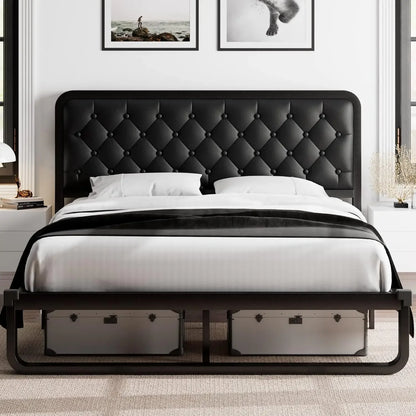 Bed frame, Upholstered Platform Bed Frame, with heavy duty steel slats, diamond tufted headboard - Home Fusion