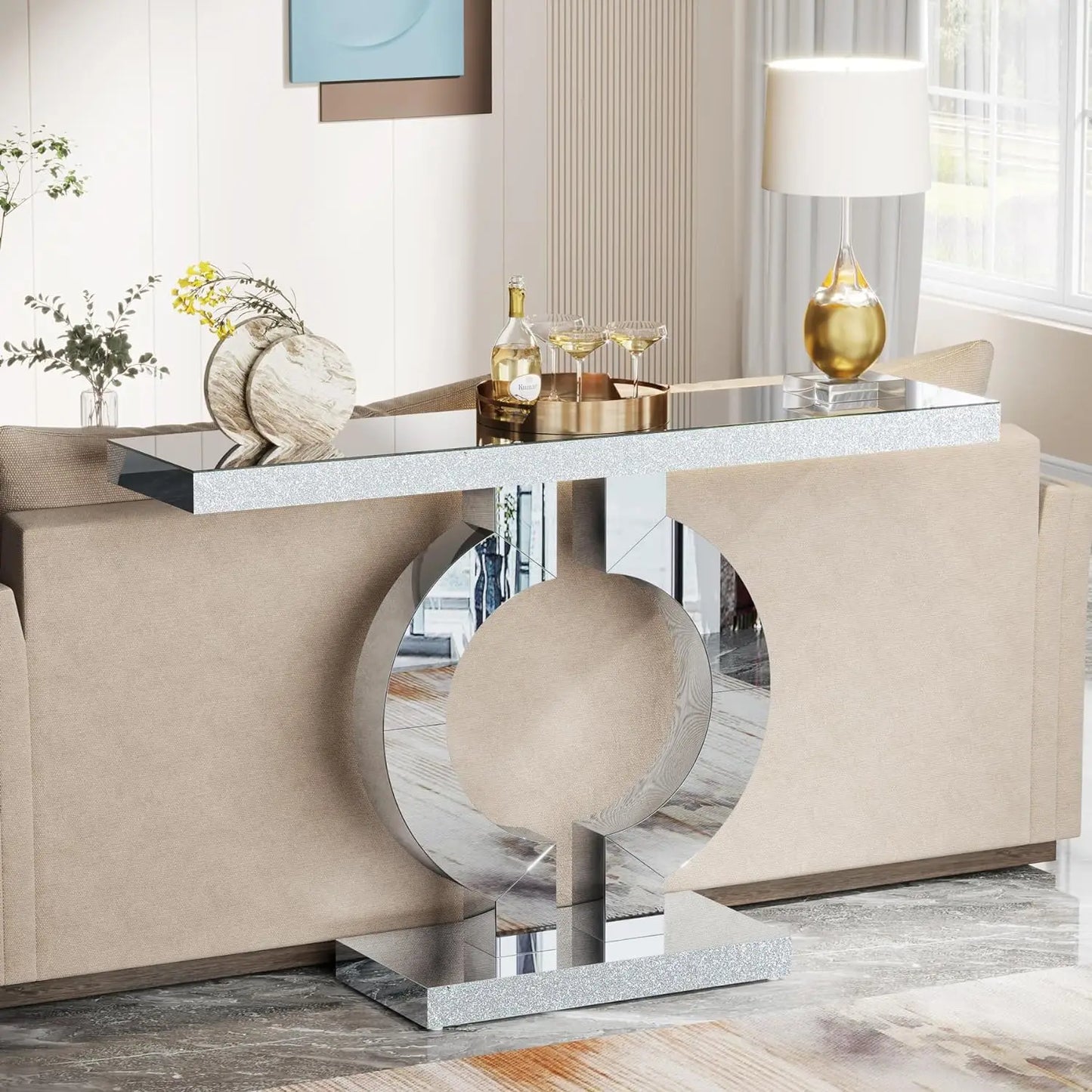 Mirrored Console Table with O-Shaped Base, 43-Inch Modern Entryway Glass Sofa Table with Mirror Finish for Living Room, Silver Mirrored Console Table with O-Shaped Base, 43-Inch Modern Entryway Glass Sofa Table with Mirror Finish for Living Room, Silver 076823-f9.myshopify.com