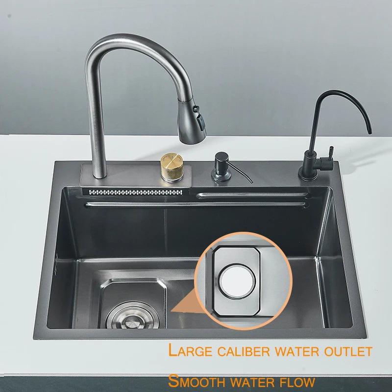 Stainless Steel Waterfall Sink. 5 Water Modes. Digital Faucet. - Home Fusion