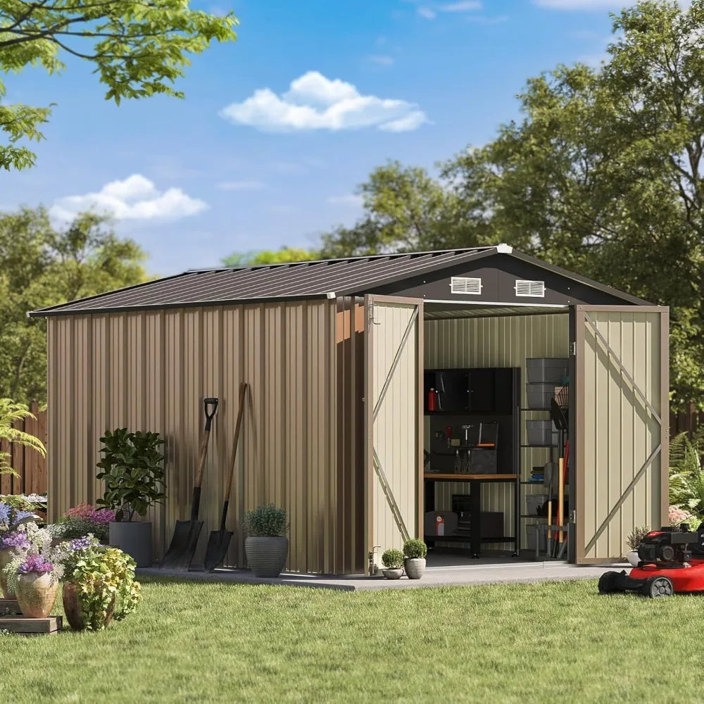8x10 FT Outdoor Storage Shed, Large Garden Tool Metal Shed with Sloping Roof and Double Lockable Door,Outdoor Shed for Backyard - Home Fusion