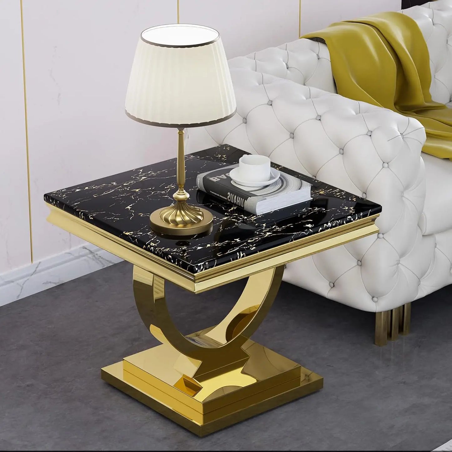 47" Rectangular Coffee Table, Modern White Faux Marble Cocktail Table, with Silver Mirrored Finish U-Shape Stainless Steel Base - Home Fusion