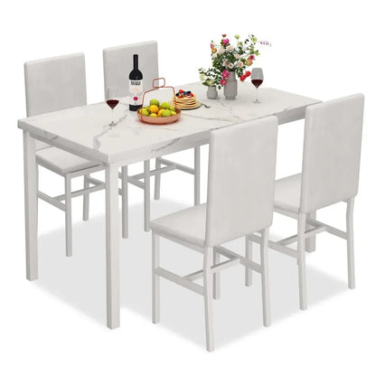 New Dining Table Set for 4 with 4 PU Leather Chairs,5-Piece Marble DiningTable Set with 4 Velvet Metal Frame Chairs for Kitchen - Home Fusion
