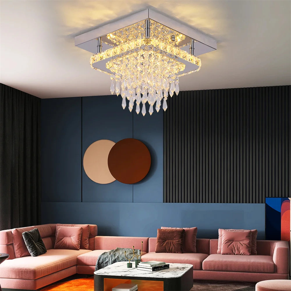 Luxury Crystal Square Bright Led Chandelier Modern Pendant Light Ceiling Lamp Dimmable Flush Mount Bedroom Dinning Living Room Home Fusion