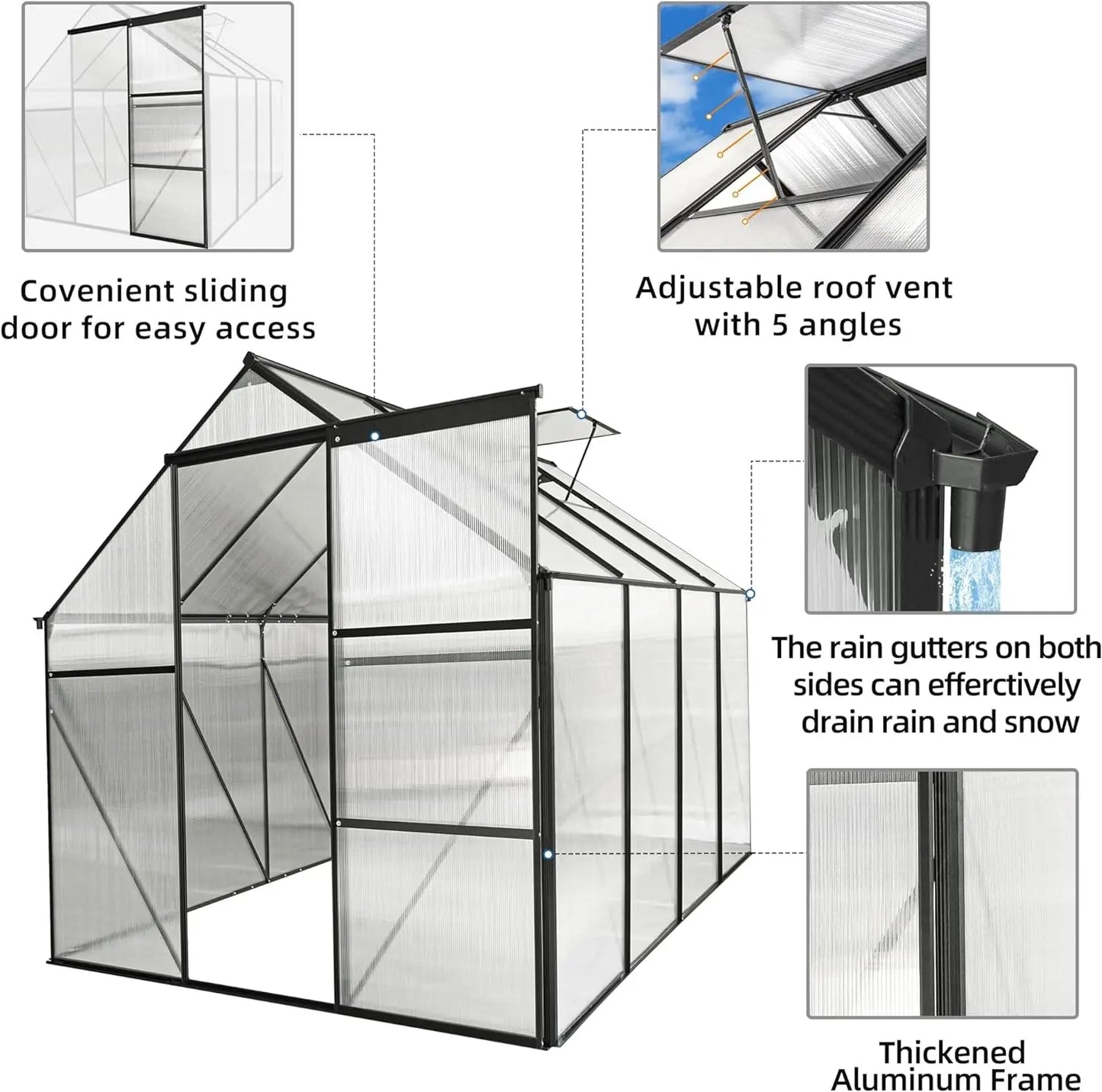 6x8Walk-in  Greenhouse, Weatherproof Aluminum Hot House w/ Raised Base and Sliding Door & Vent for Outdoor Backyard, Black Home Fusion