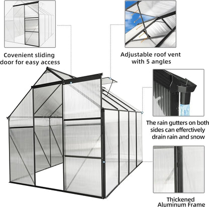 6x8Walk-in  Greenhouse, Weatherproof Aluminum Hot House w/ Raised Base and Sliding Door & Vent for Outdoor Backyard, Black - Home Fusion