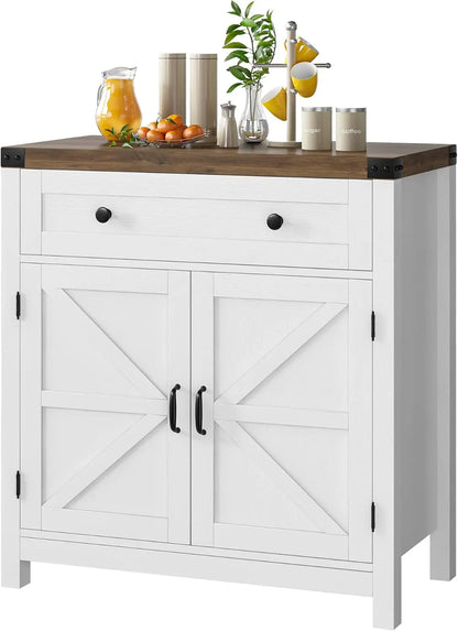 Modern Farmhouse Buffet Sideboard with Drawer and Adjustable Shelf, Barn Door Storage Cabinet forBathroom, Entryway - Home Fusion