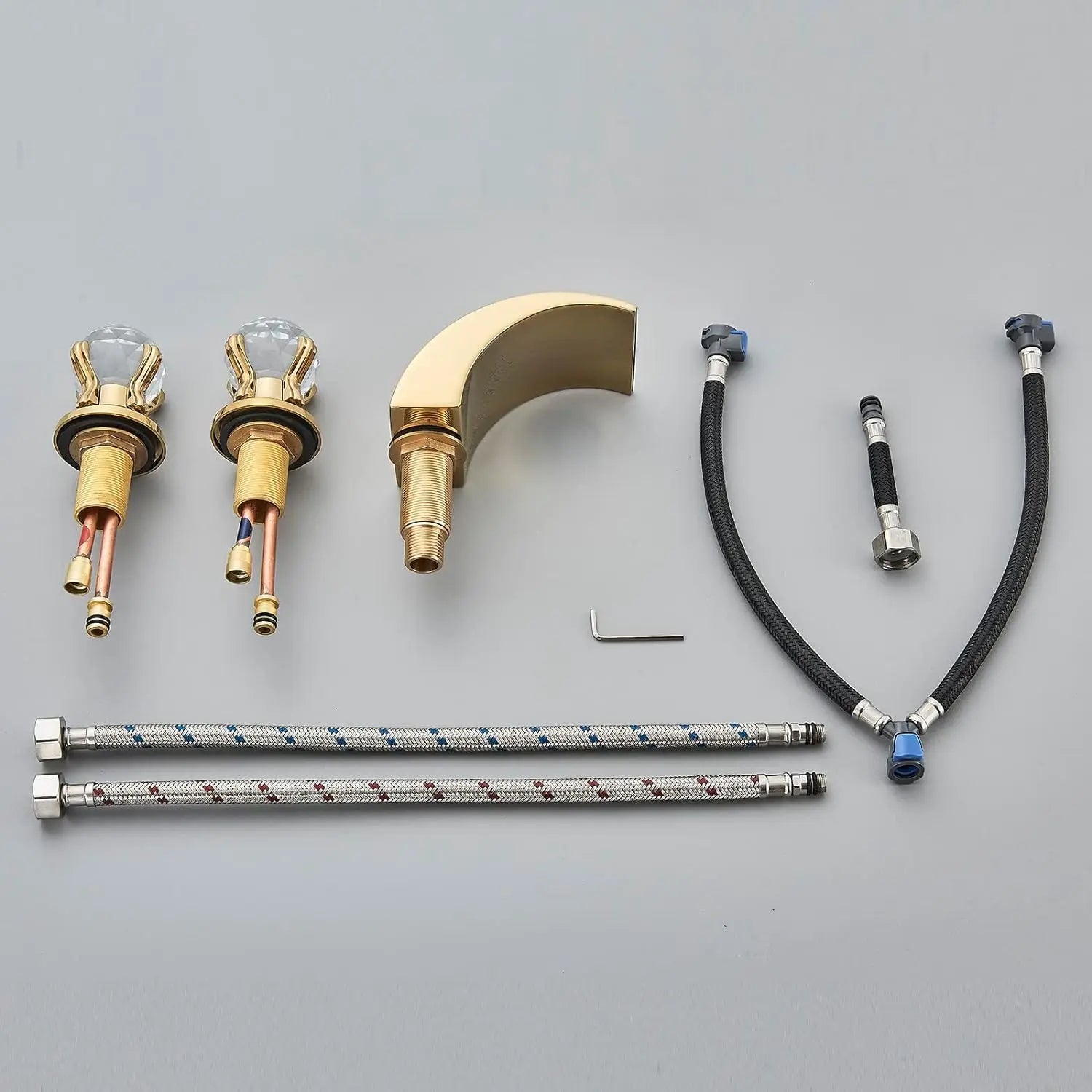 LED Widespread Bathroom Faucet Waterfall Gold Polished Lavatory Faucets Basin Mixer Tap 2 Crystal Knobs 3 Holes - Home Fusion