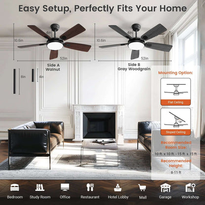 Modern Minimalist 5-Blade Ceiling Fan Light 42 /52 Black/White/Wood Grain Dimmable with Doodle App Ceiling Fan Light - Home Fusion