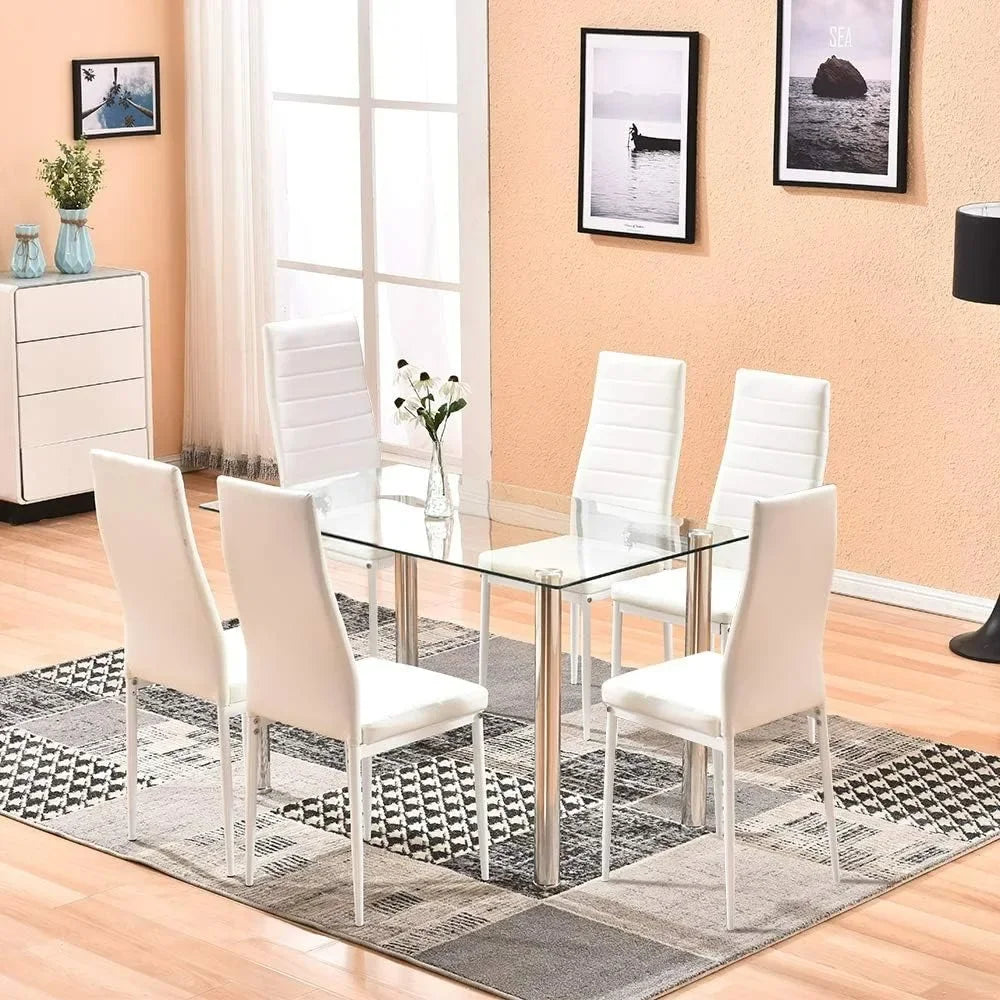 Dining Table with Chairs, Modern Tempered Glass Top Table and PU Leather Chairs with 6 Chairs Dining Room Furniture - Home Fusion