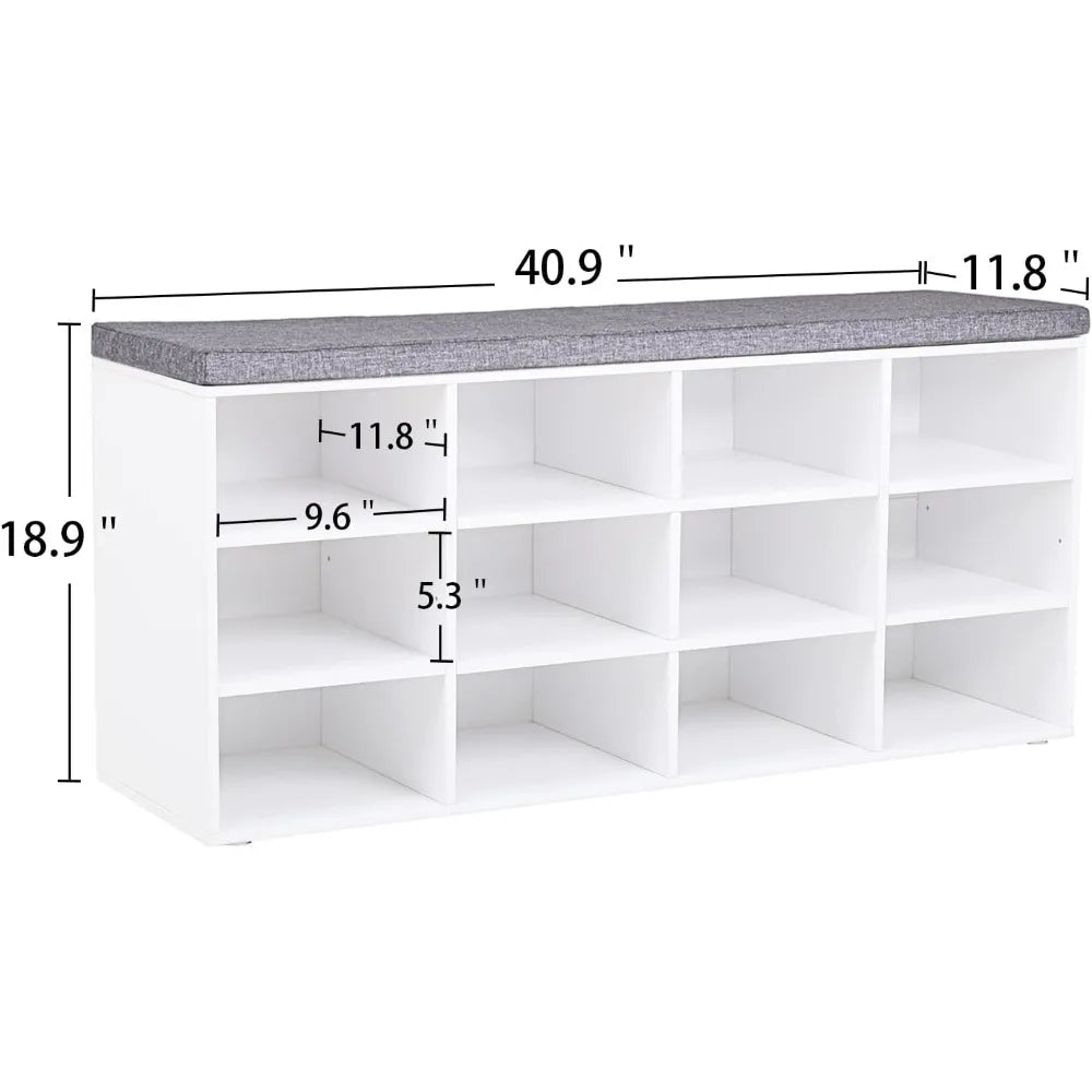 Shoe Storage Bench with Cushion, Cubby Shoe Rack with 12 Cubbies, Adjustable Shelves, Multifunctional Shoe Organizer Bench - Home Fusion