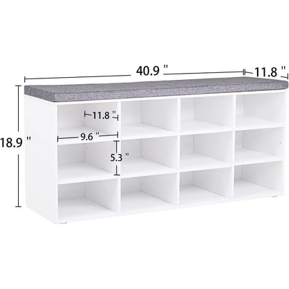 Shoe Storage Bench with Cushion, Cubby Shoe Rack with 12 Cubbies, Adjustable Shelves, Multifunctional Shoe Organizer Bench - Home Fusion