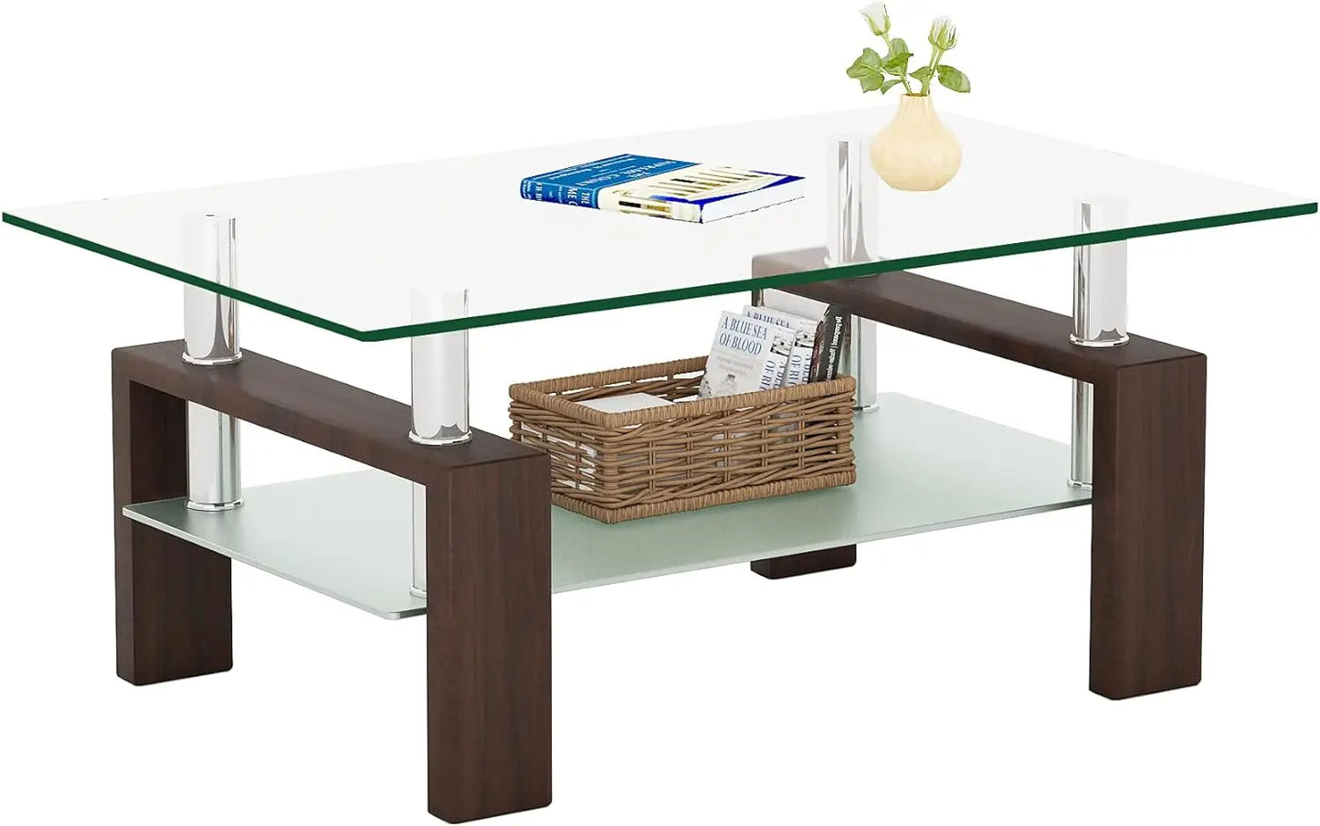 Rectangler Center Table with LED Lights2-Tier Tea Table Modern Side Coffee Table for Living Room - Home Fusion