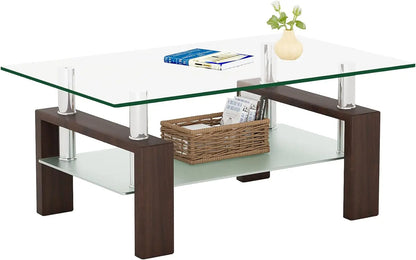 Rectangler Center Table with LED Lights2-Tier Tea Table Modern Side Coffee Table for Living Room - Home Fusion