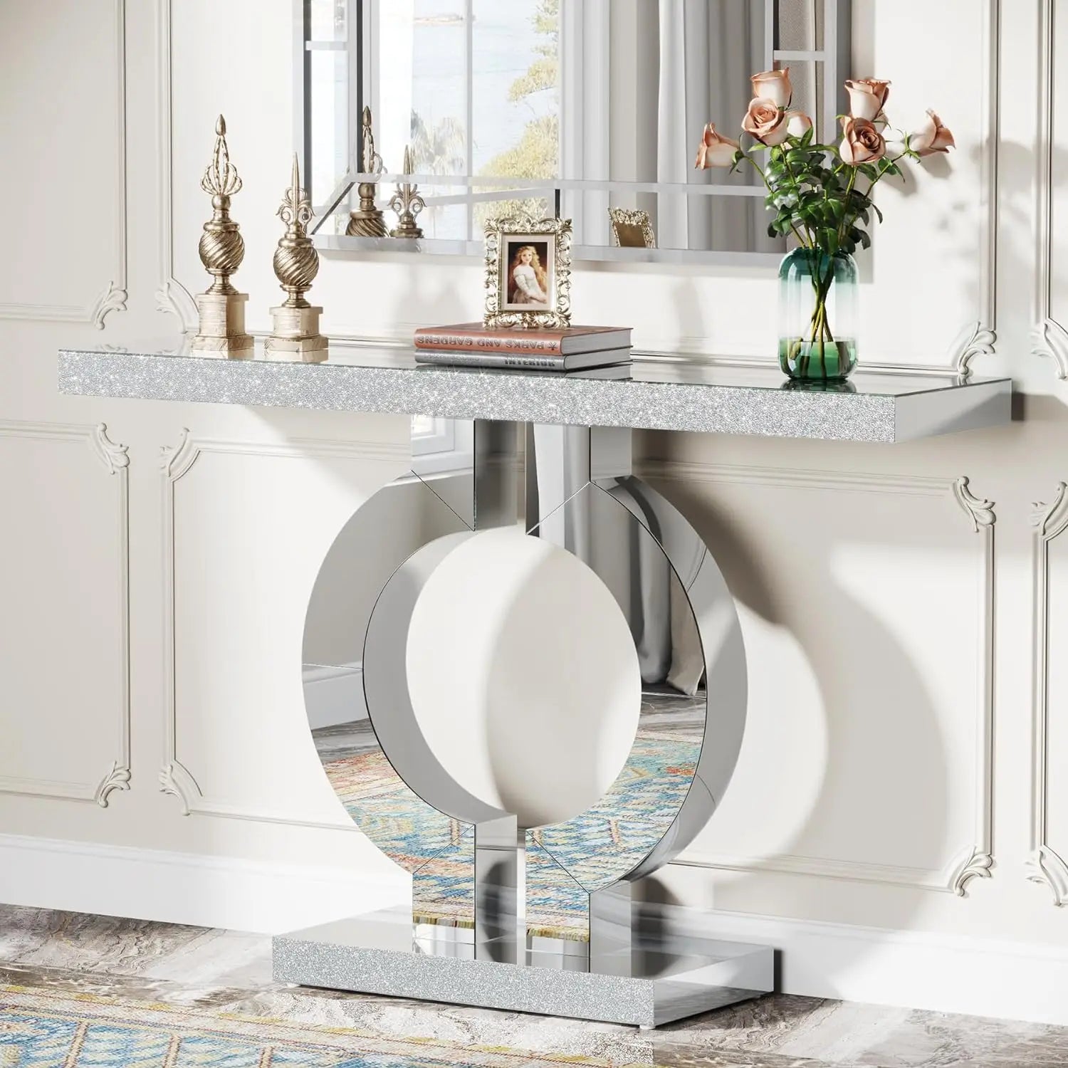 Console Table Mirrored Console Table with O-Shaped Base, 43-Inch Modern Entryway Glass Sofa Table with Mirror Finish for Living Room, Silver 076823-f9.myshopify.com