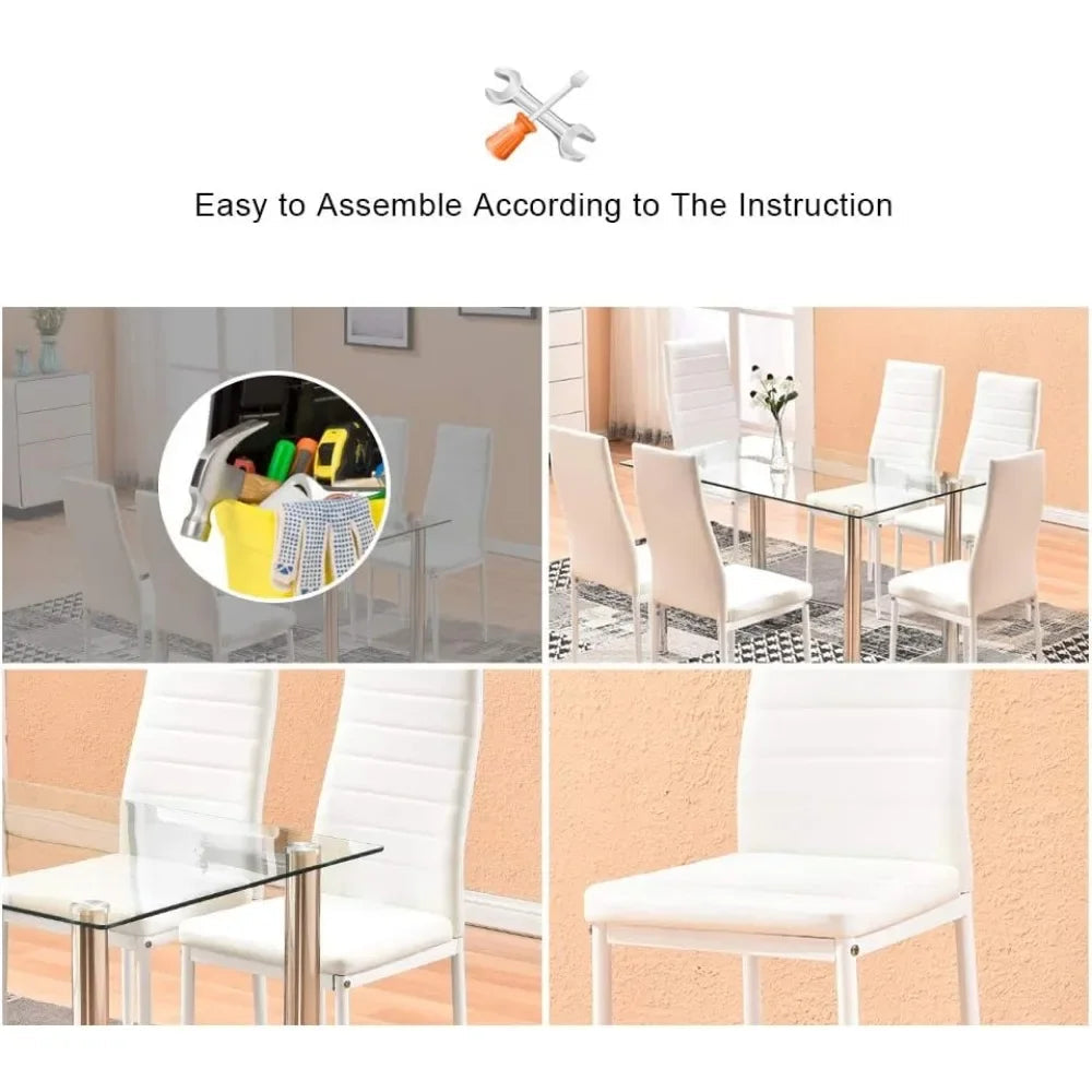 Dining Table with Chairs, Modern Tempered Glass Top Table and PU Leather Chairs with 6 Chairs Dining Room Furniture - Home Fusion