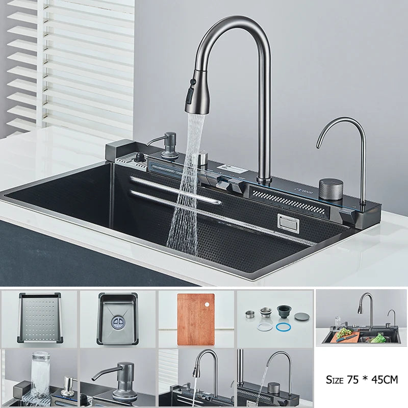 304 Stainless Steel Waterfall Kitchen Sink Large Single Slot Integrated Digital Display Faucet Set Soap Dispenser Cup Washer Home Fusion