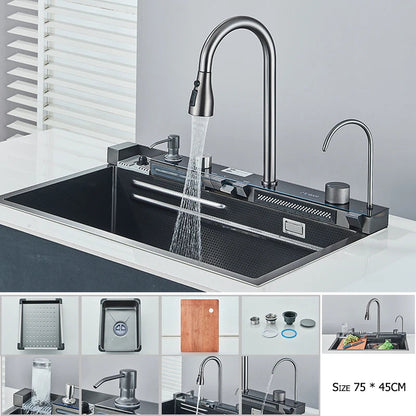 304 Stainless Steel Waterfall Kitchen Sink Large Single Slot Integrated Digital Display Faucet Set Soap Dispenser Cup Washer Home Fusion