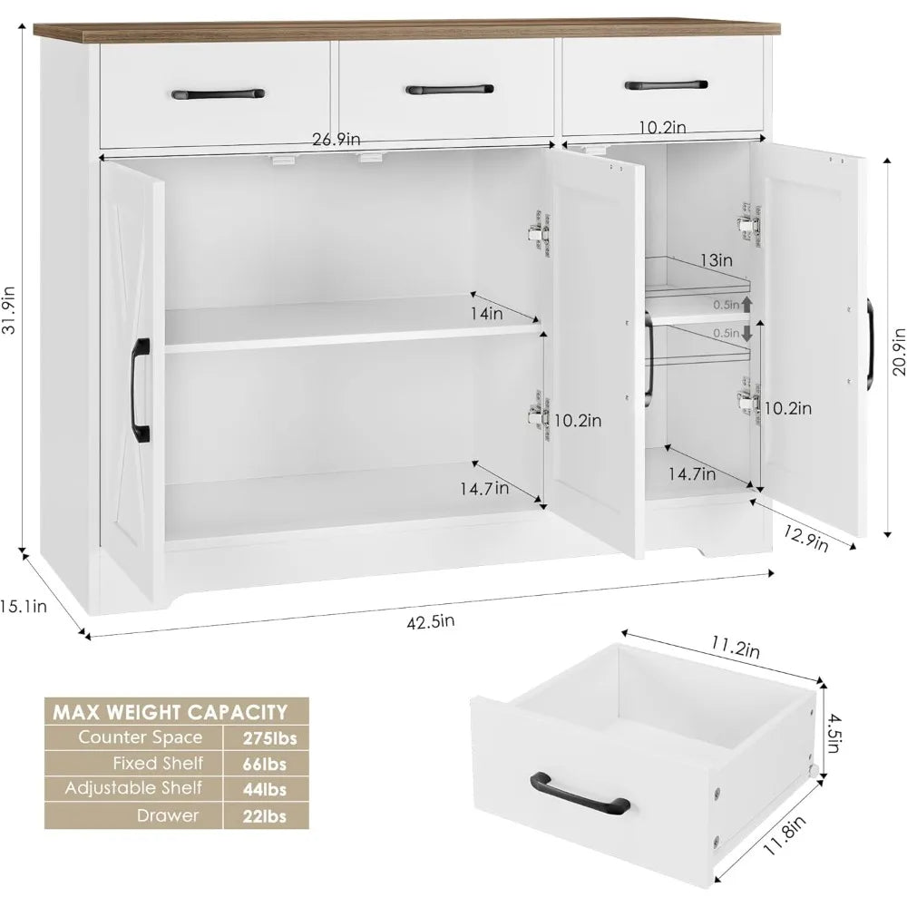 Modern Farmhouse Sideboard Buffet Cabinet, Barn Doors Buffet Storage Cabinet with Drawers and Shelves - Home Fusion