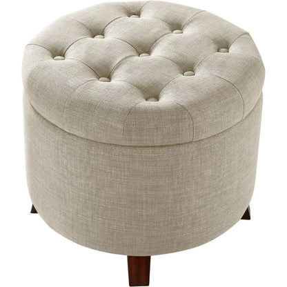 Upholstered Tufted Storage Round Ottomans, Burlap Beige, ‎20"W x 20"D x 17"H Footstool for Living Room,Bedroom,Office Ottoman - Home Fusion
