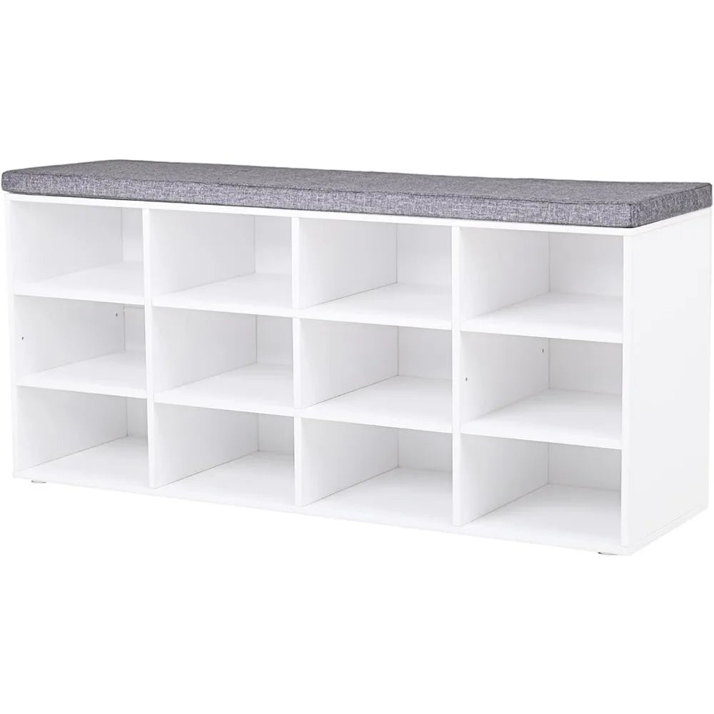 Shoe Storage Bench with Cushion, Cubby Shoe Rack with 12 Cubbies, Adjustable Shelves, Multifunctional Shoe Organizer Bench - Home Fusion