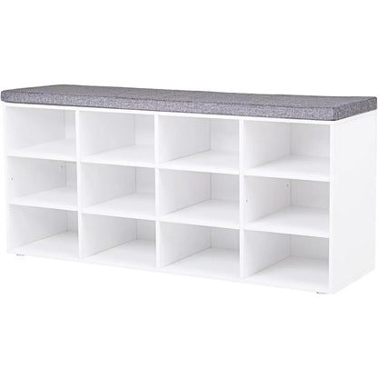 Shoe Storage Bench with Cushion, Cubby Shoe Rack with 12 Cubbies, Adjustable Shelves, Multifunctional Shoe Organizer Bench - Home Fusion