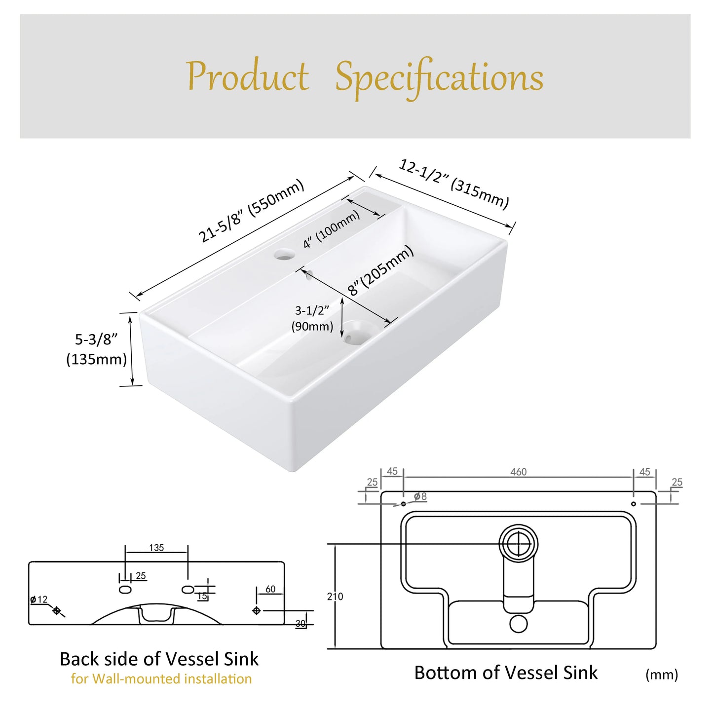 Vessel Sink, Above Countertop  Sink Rectangular/Egg Shape  White - Home Fusion