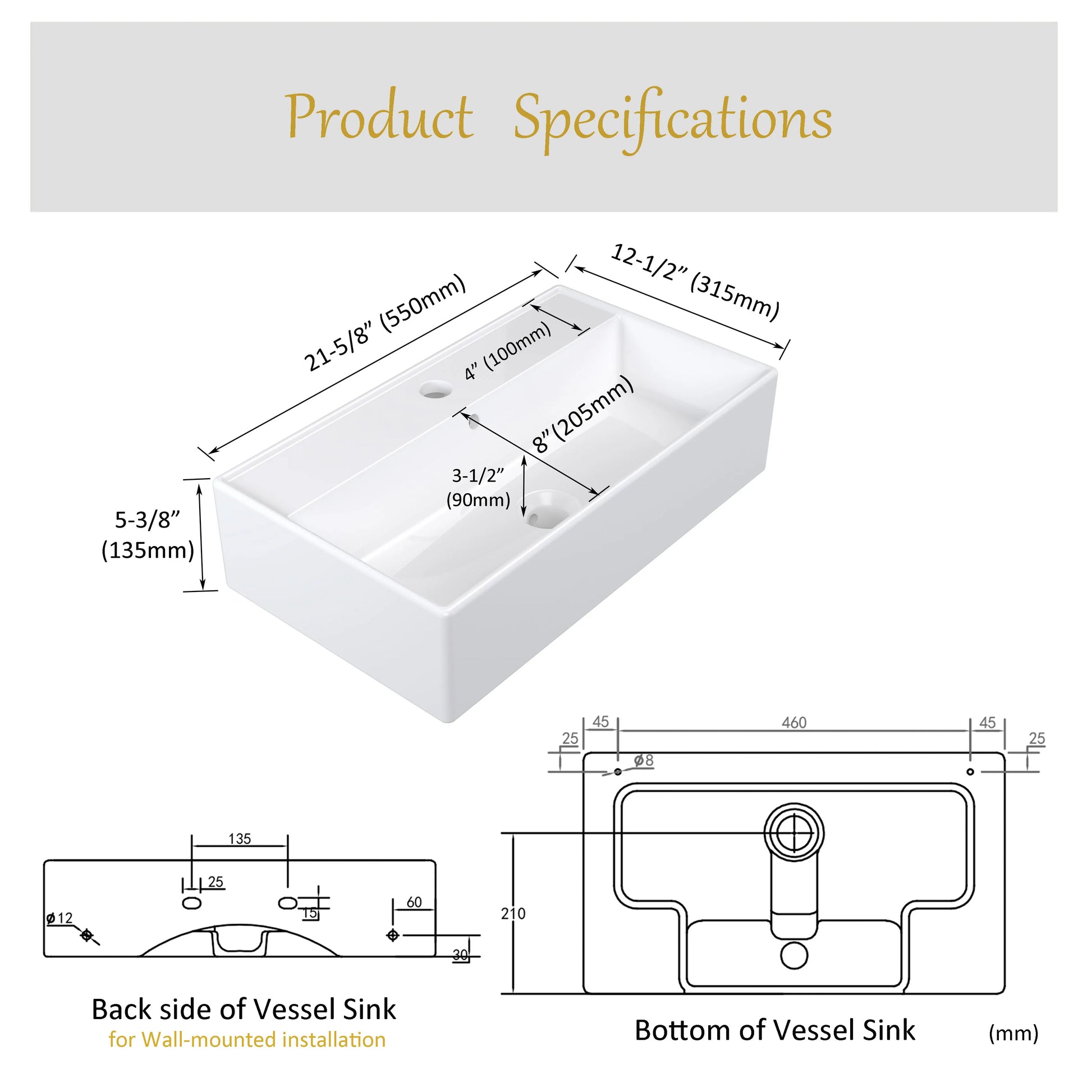 Vessel Sink, Above Countertop  Sink Rectangular/Egg Shape  White - Home Fusion