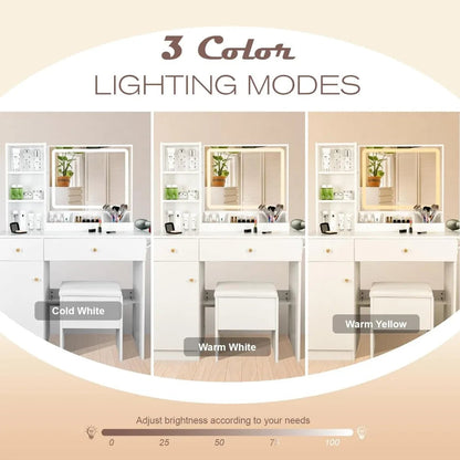 Dressing table with lights and mirrors,2drawers and a storage stool,3 lighting modes,for bedroom and bathroom use15.7Dx44Wx55.1H Home Fusion Dressing table with lights and mirrors,2drawers and a storage stool,3 lighting modes,for bedroom and bathroom use15.7Dx44Wx55.1H 076823-f9.myshopify.com