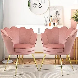 Accent Chairs Set of 2 for Living Room, Velvet Upholstered Makeup Room Vanity Chair with Back, Golden Metal Legs Accent Side Cha - Home Fusion
