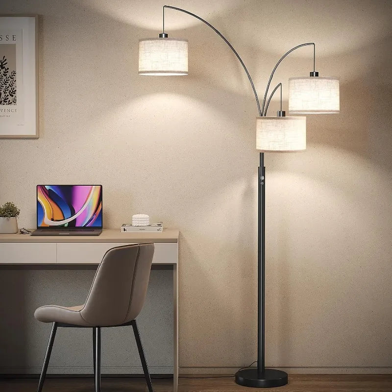 3 Light Floor Lamp – 78” Modern Arc Standing Lamp with Drum Shade - Home Fusion