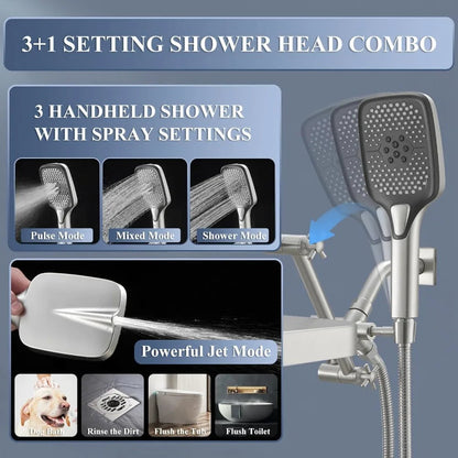 shower head，14 Inch Shower Head With Handheld, High-Pressure Rain/Rainfall Shower Heads With 3+1 Settings Handheld Spray, - Home Fusion