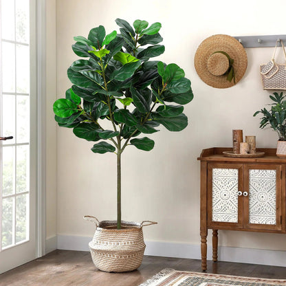 5.2 Ft Artificial Fiddle Leaf Fig Tree, Faux Ficus Lyrata Plant with 62 Fiddle Leaves, Tall Fake Plants Large Floor Plant - Home Fusion