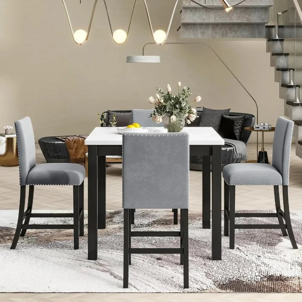 5 Piece Dining Room Table Set for Kitchen with Faux Marble Dining Table and 4 Upholstered-Seat Chairs,Living Room Furniture - Home Fusion