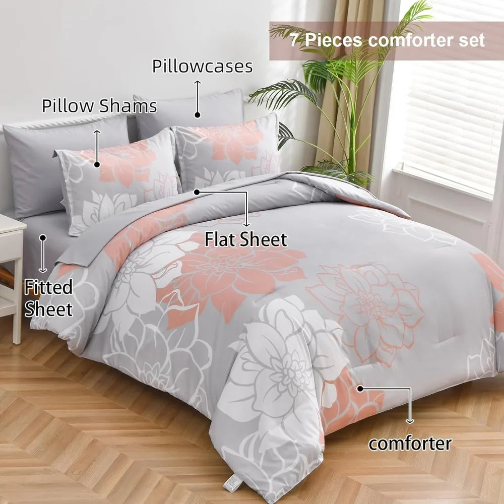 Flower 7 Piece Bed in A Bag Comforter Set. - Home Fusion
