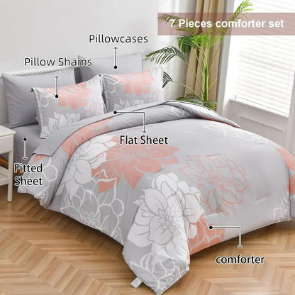 Flower 7 Piece Bed in A Bag Comforter Set. - Home Fusion