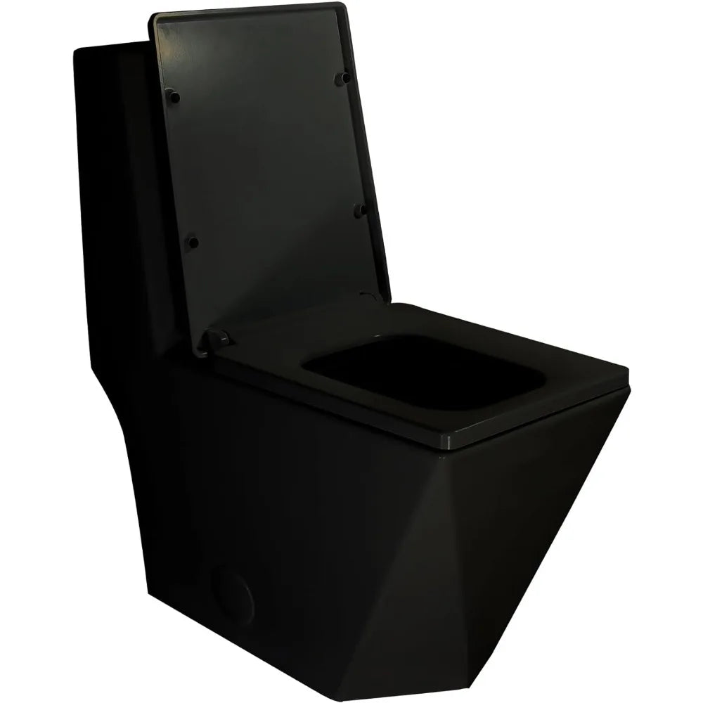 Square One Piece Toilet Black With Gold Button For Modern Bathroom,Diamond-shaped Sleek Design Elonagted Rectangle Glossy Black - Home Fusion