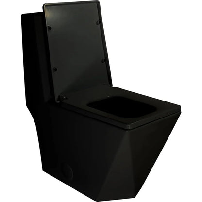 Square One Piece Toilet Black With Gold Button For Modern Bathroom,Diamond-shaped Sleek Design Elonagted Rectangle Glossy Black - Home Fusion