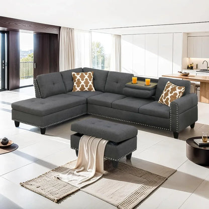sectional sofa Living Room Sofas,Convertible Sectional Sofa with Storage, 4 Seat L Shaped Couch with Chaise and Cup Holder, Livings Room Sets 076823-f9.myshopify.com